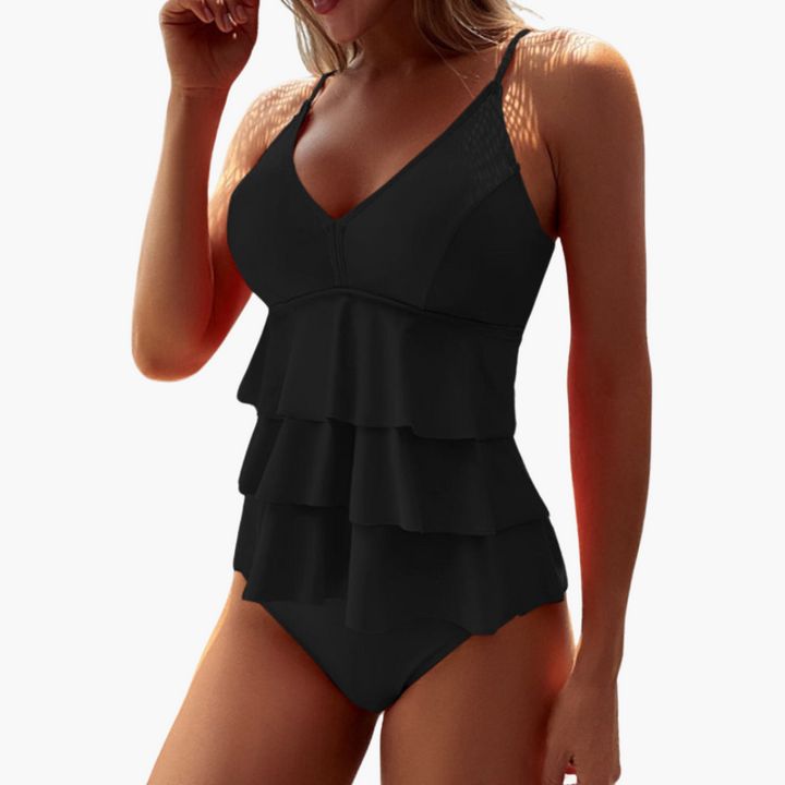 Women’s Tankini Set – V-Neck – Tiered Ruffle Top – Adjustable Straps – Flattering Fit