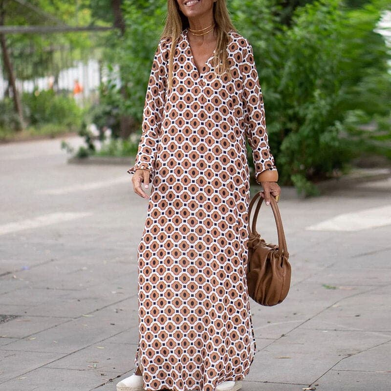 Women’s Maxi Dress – Breathable Blend – Loose Fit – V-Neck – Long Sleeve – Side Slits