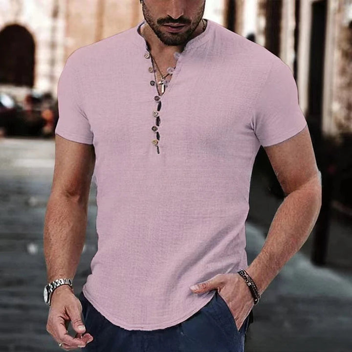 Men’s Short Sleeve Shirt – Slim Fit – Breathable Blend – Button Neck Casual Style