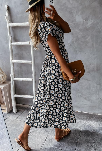 Women’s Midi Dress – A-Line Silhouette – Relaxed Fit – Short Sleeve – Breathable Blend