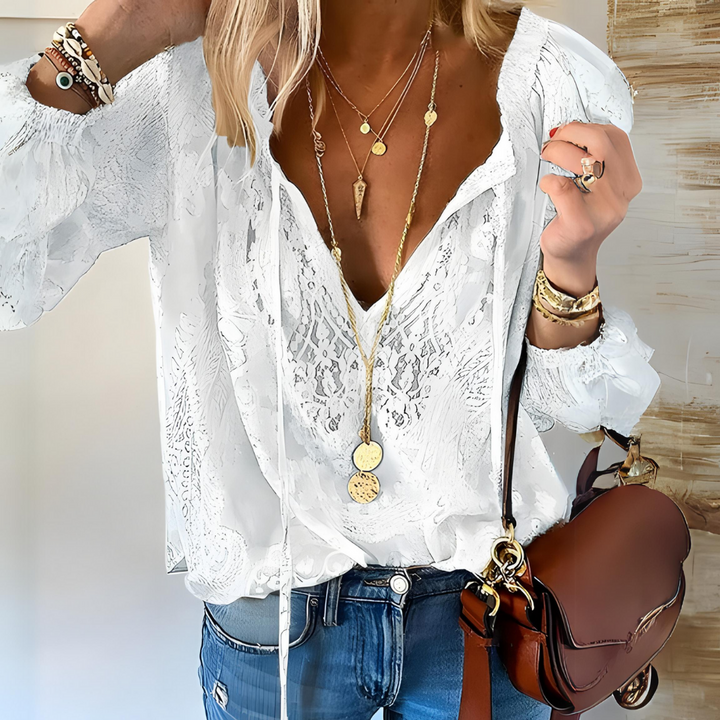 Women’s Blouse – Relaxed Fit – Crocheted Lace – Long Sleeve – Drawstring Neckline
