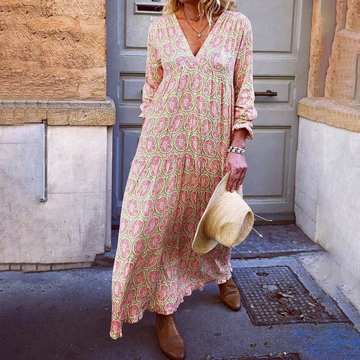 Women’s Maxi Dress - Relaxed Fit - V-Neck Long Sleeve - Soft Breathable Fabric - Geometric Print