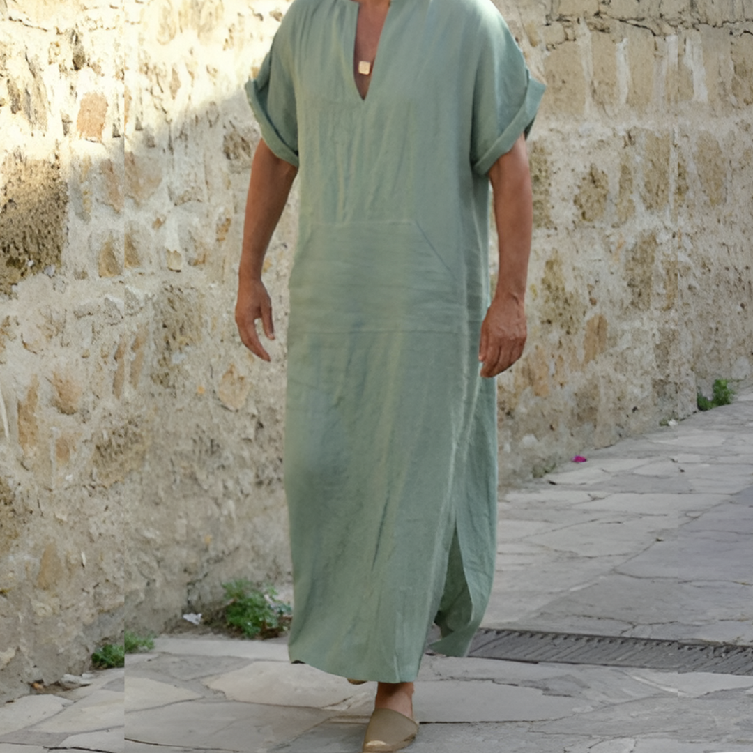Men’s Long Shirt Dress – Relaxed Fit – Breathable Blend – V-Neck – Short Sleeve – Slit Hem