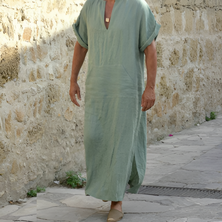 Men’s Long Shirt Dress – Relaxed Fit – Breathable Blend – V-Neck – Short Sleeve – Slit Hem