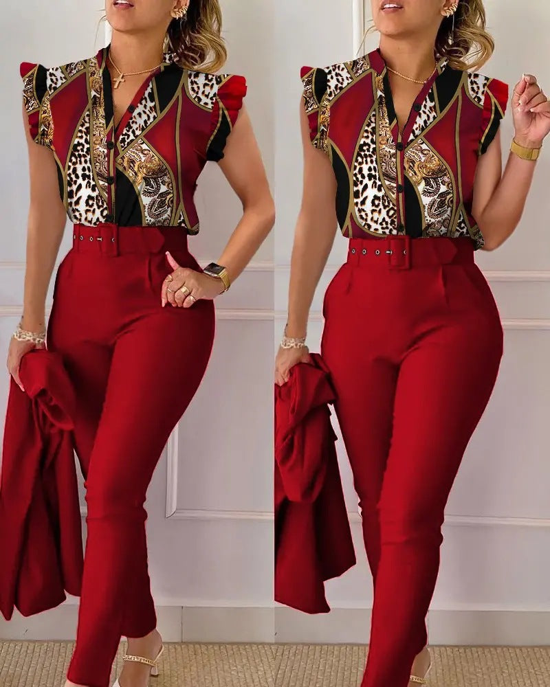 Women's Two-Piece Set – Sleeveless – V-Neck – Petal Sleeve – Relaxed Fit – Button Front