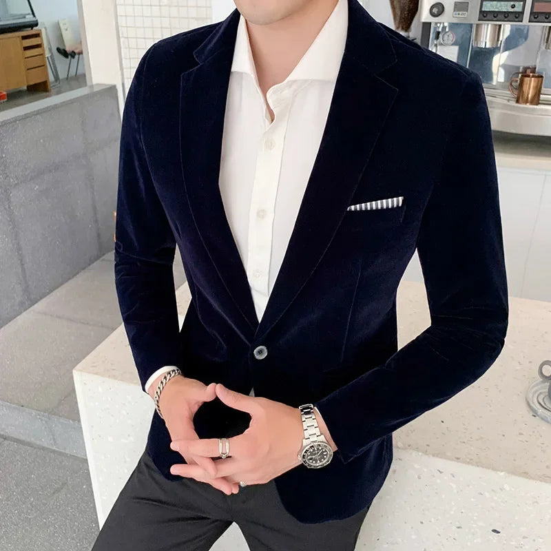 Men’s Blazer – Slim Fit – Velvet Finish – Single Button – Structured Formal Style