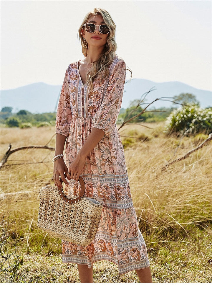 Women’s Midi Dress – Relaxed Fit – V-Neck – Floral Print – Breathable Blend – 3/4 Sleeve