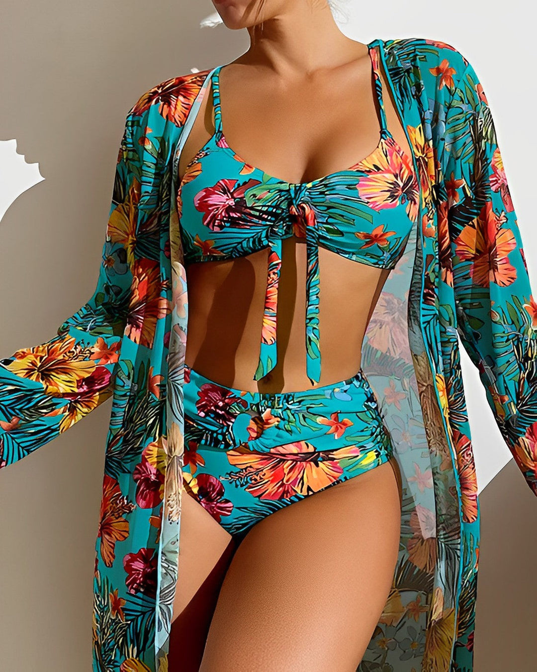 Women’s 3-Piece Swim Set – High-Waist Bikini with Adjustable Top – Sheer Cover-Up