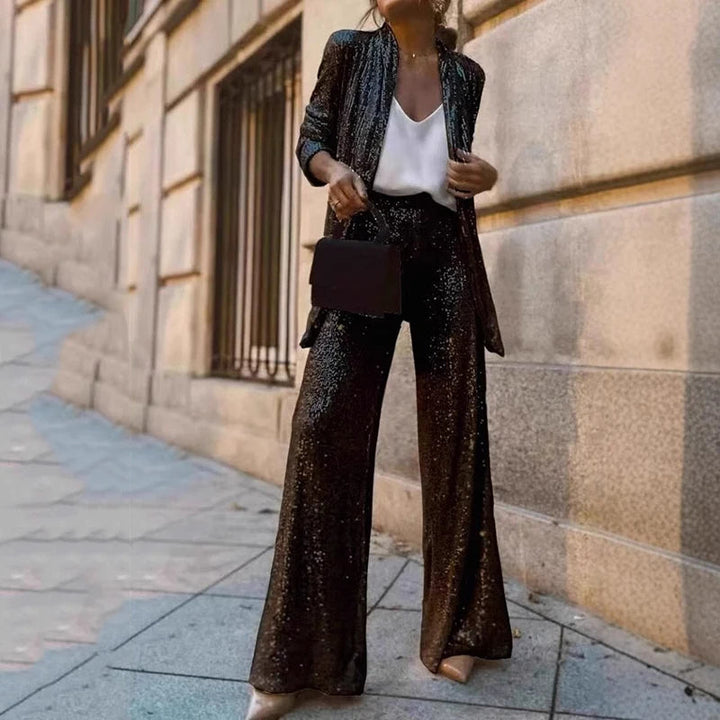 Women’s Two-Piece Set – Sequin Jacket – High-Waisted Wide-Leg Pants – Elegant Fit