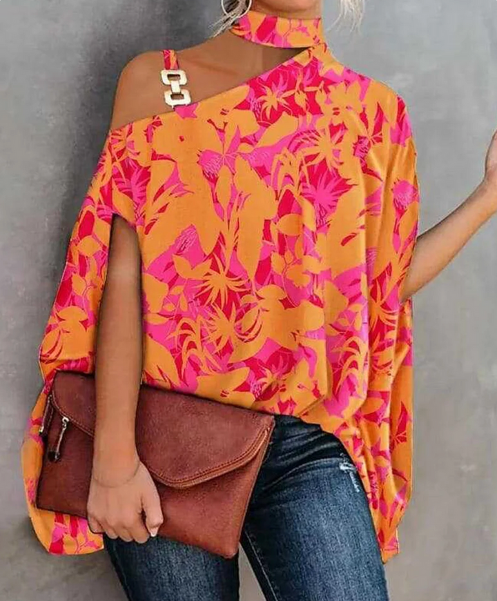 Women’s Off-Shoulder Top – Relaxed Fit – Asymmetric Neckline – Chain Detail – Breathable Blend