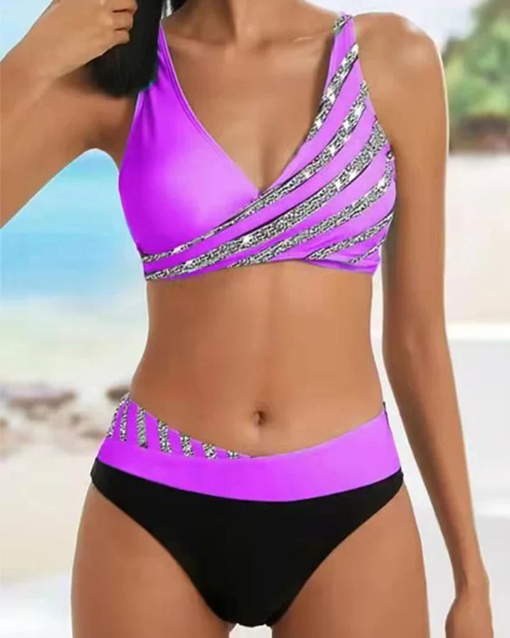 Women’s Bikini Set – Wrap Top – High Waist – Breathable Stretch Fabric – Striped Design