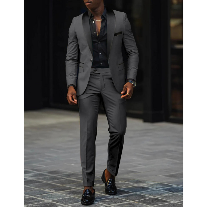 Men’s Slim Fit Suit – Tailored Two-Piece Set – Satin Shawl Lapel – Formal Wool Blend