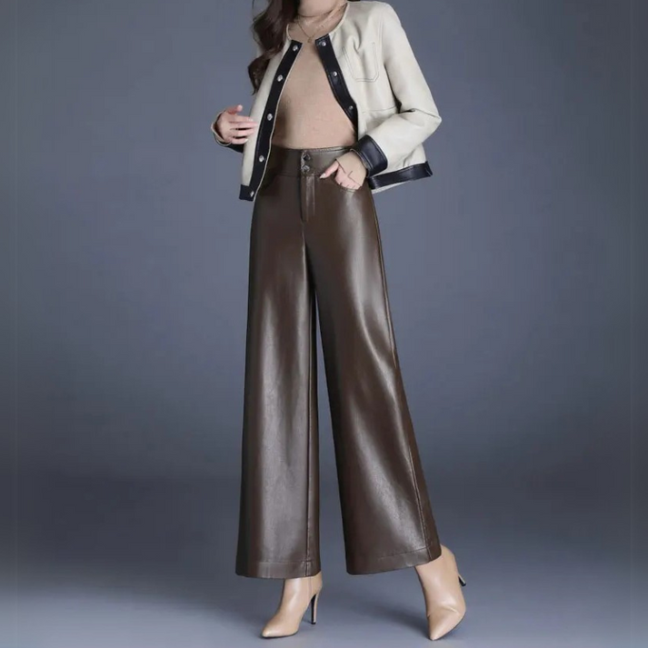 Women’s Leather Trousers - High Waist - Wide Leg - Relaxed Fit - Full Length