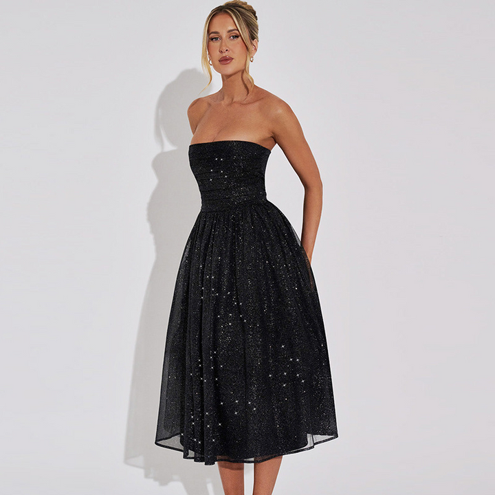 Women's Strapless Midi Dress - Sequin Embellished - Fitted Bodice - Elegant Cocktail Wear