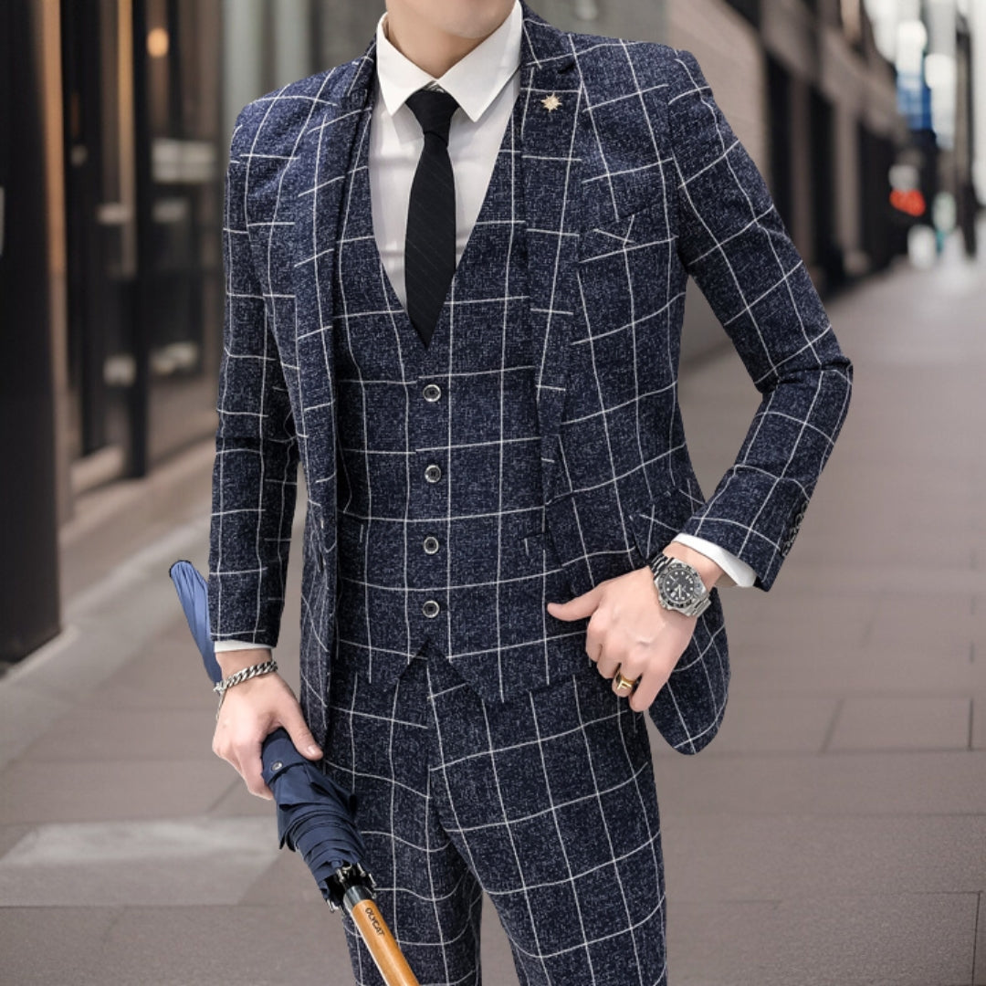 Men’s 3-Piece Suit – Slim Fit – Grid Pattern – Tailored Wool Blend – Formal Wear