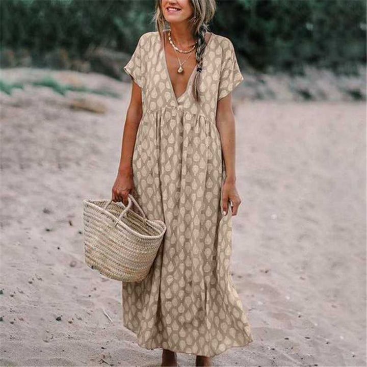 Women’s Maxi Dress - Natural Fibers - Relaxed Fit - V-Neck - Short Sleeve Flowing Silhouette