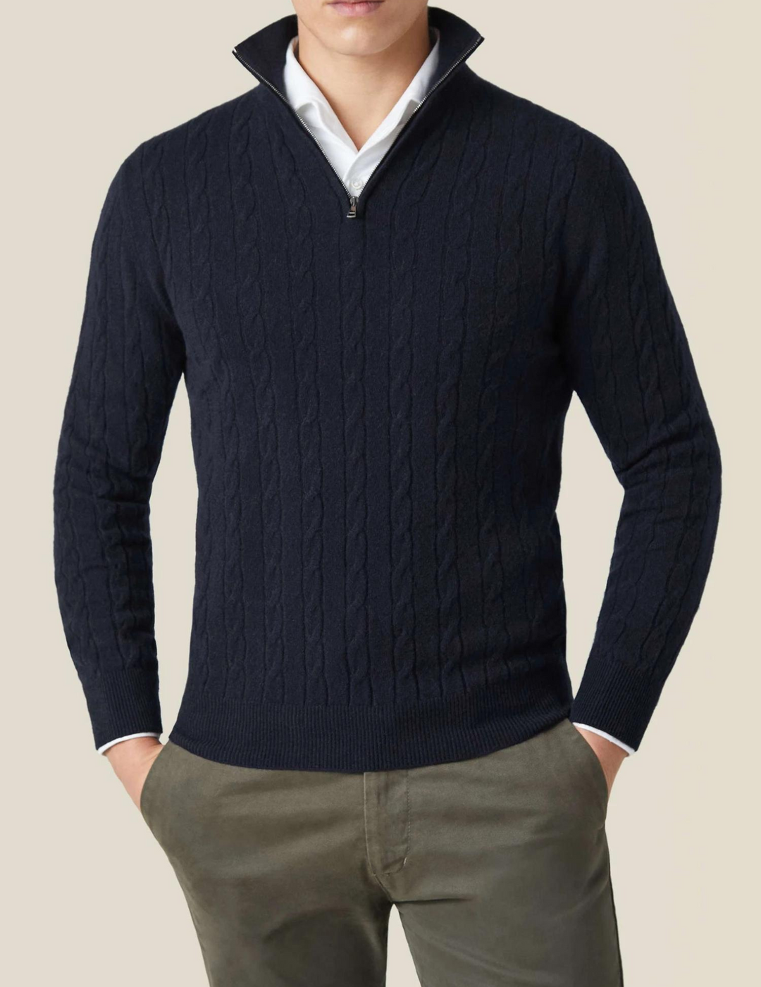 Men’s Sweater – Wool Blend – Cable Knit – Half Zip – Stand Collar – Smart Casual Fit