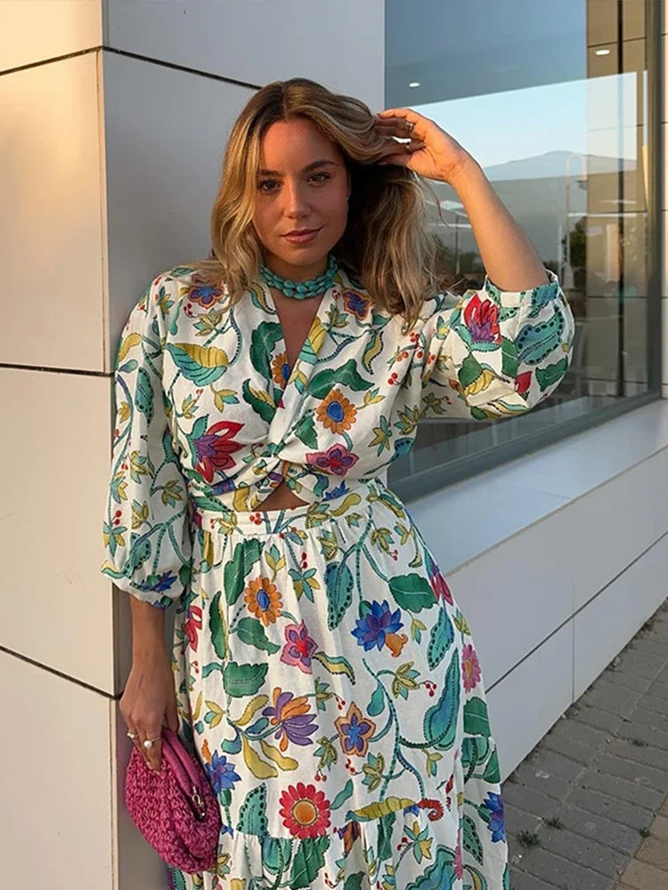 Women's Maxi Dress - V-Neck Twist Front - Long Puff Sleeves - Floral Bohemian Style