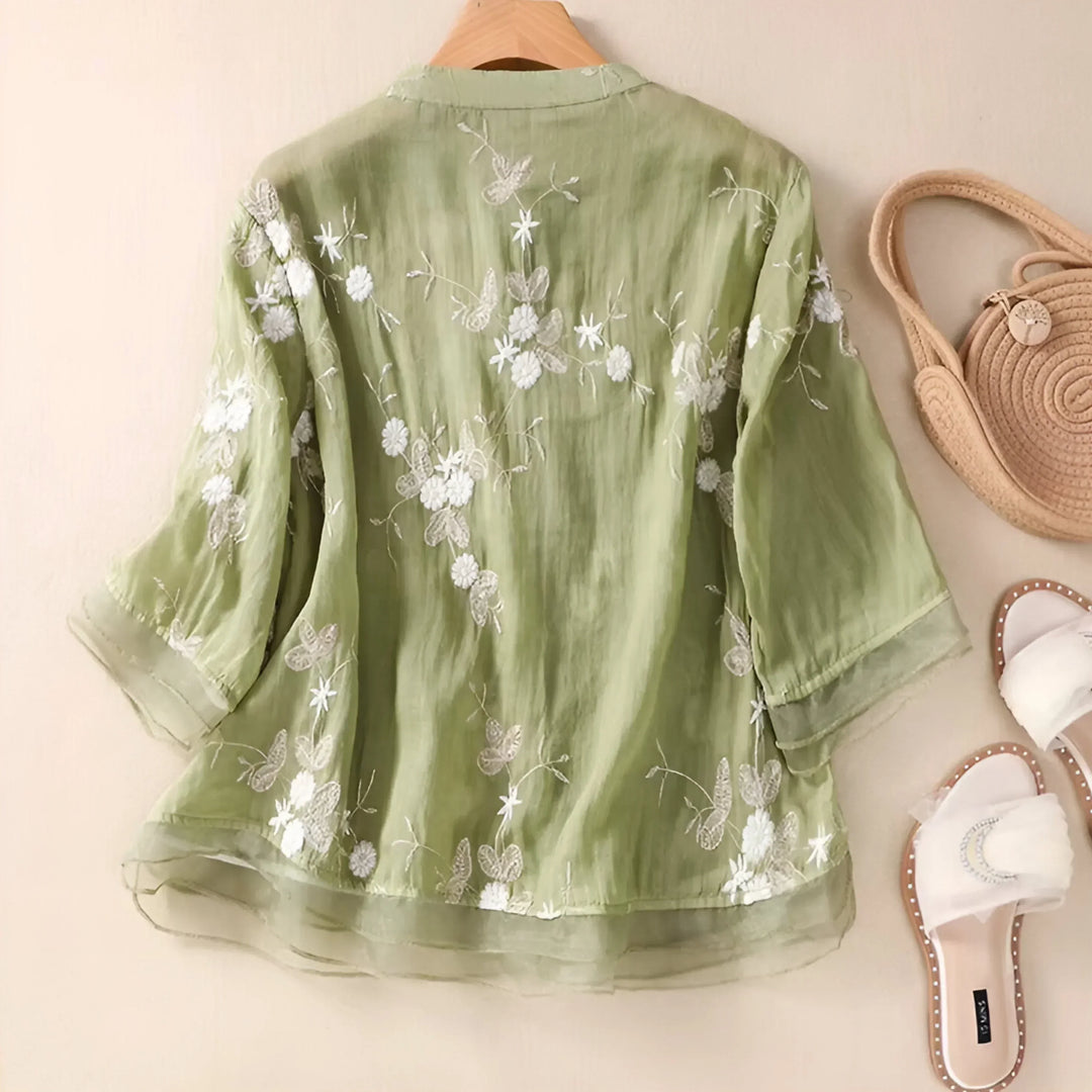 Women’s Blouse – Relaxed Fit – Embroidered Detail – Button-Down – 3/4 Sleeve – Layered Hem