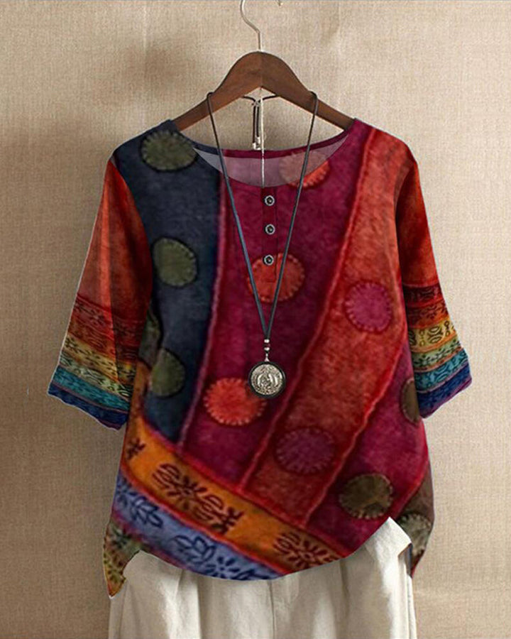 Women’s Boho Top – Relaxed Fit – Natural Fibers – 3/4 Sleeve – Button Front Casual Wear