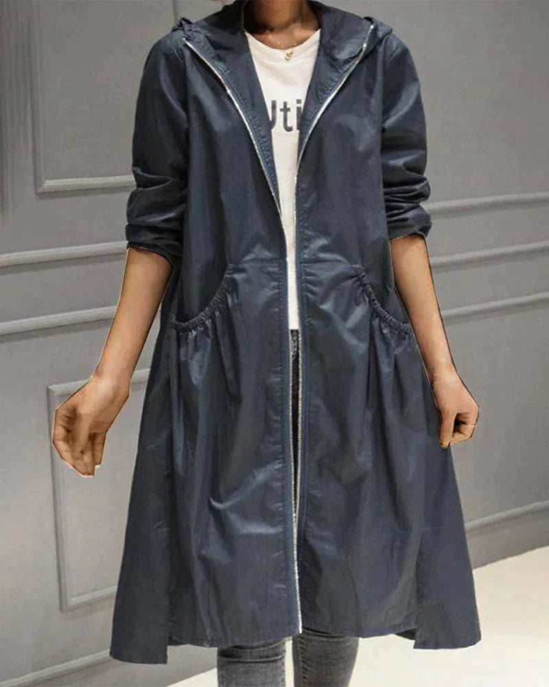 Women’s Hooded Jacket – Relaxed Fit – Knee Length – Zip Front – Casual Wear