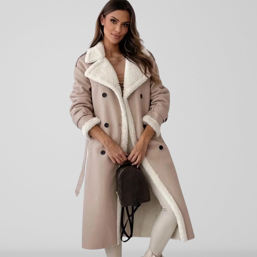 Women's Belted Trench Coat – Oversized Fit – Shearling Lined – Double Breasted Closure