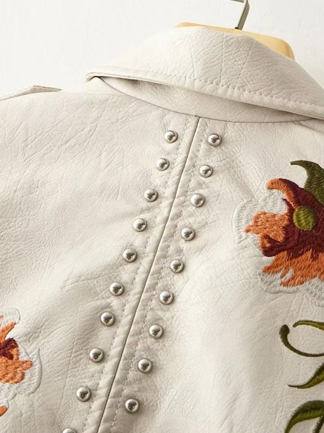 Women’s Biker Jacket – Tailored Fit – Embroidered Floral – Studded Detailing – Cropped Style