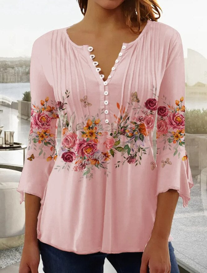 Women’s Top – Relaxed Fit – V-Neck with Buttons – 3/4 Sleeve – Breathable Blend