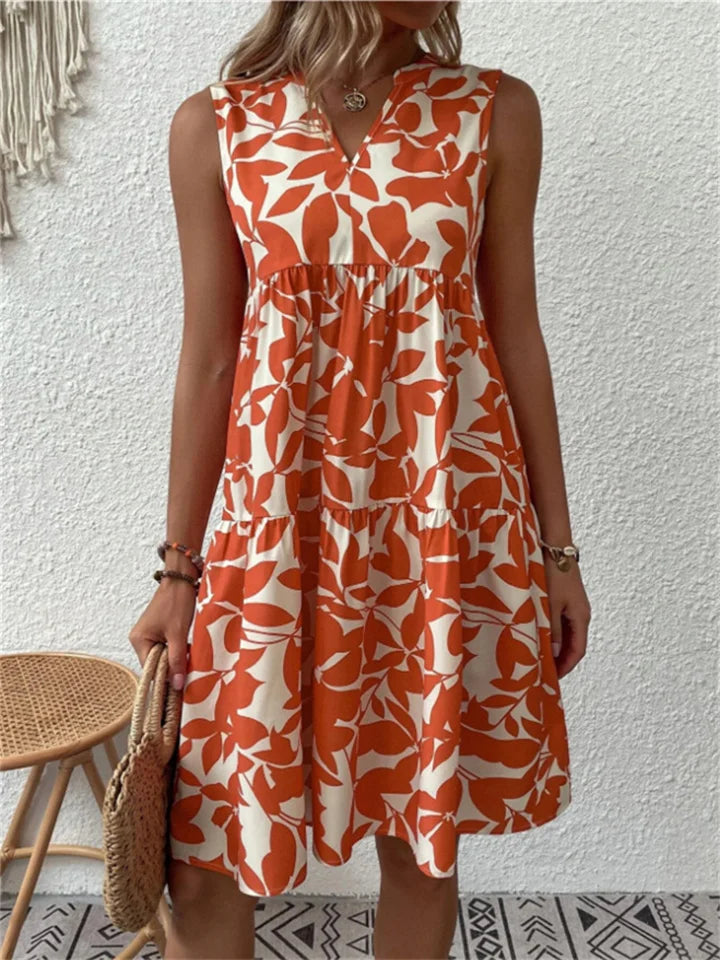 Women’s Sleeveless Dress – V-Neck – Relaxed Fit – Tiered Flare – Breathable Blend