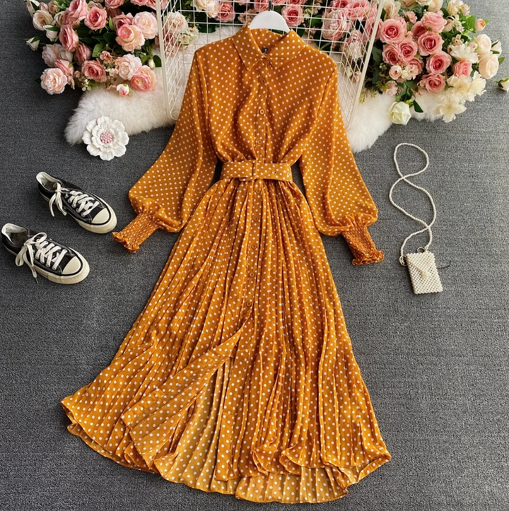 Women's Long Dress - Polka Dot Pattern - Belted Waist - Button-Up - Layered Skirt