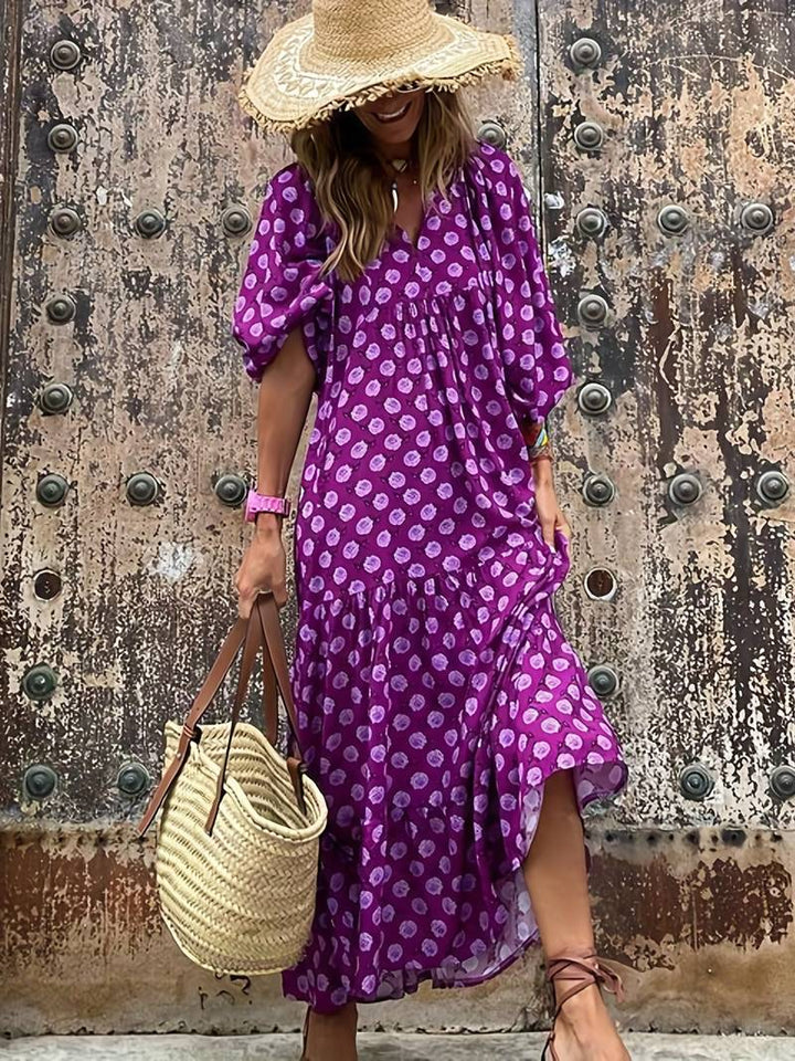 Women's Maxi Dress - Boho Diamond Pattern - V-Neck - Three-Quarter Sleeves - Flowy Fit