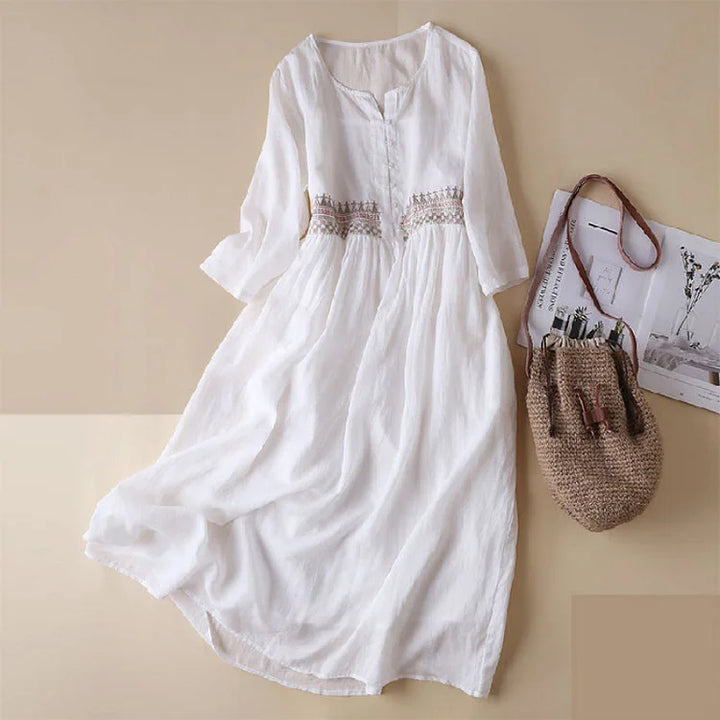 Women’s Midi Dress – Natural Fibers – Loose Fit – V-Neck – Embroidered – 3/4 Sleeve