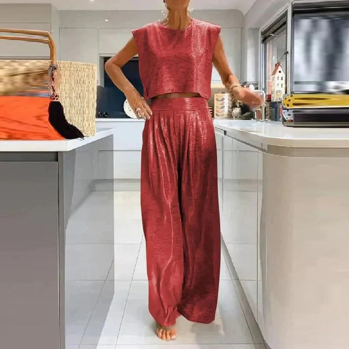 Women’s Two-Piece Set – Sleeveless Crop Top – Wide-Leg High-Waist Pants – Silk Look
