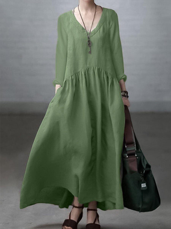 Women’s Maxi Dress – Natural Fibers – Relaxed Fit – V-Neck – Long Sleeve Casual Wear
