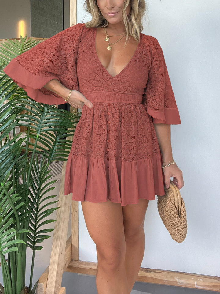 Women's Dress - V-Neck Lace Detail - Bell Sleeve A-Line Mini - Button Front Elegant