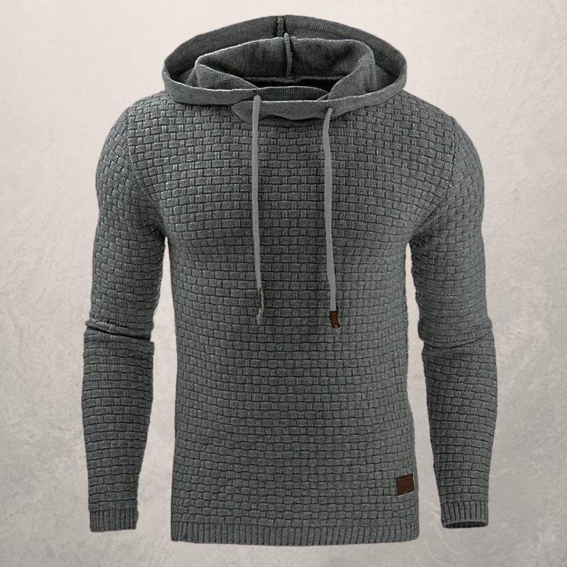 Men’s Knitted Sweater - Slim Fit - Textured Grid Pattern - Hooded with Drawstrings