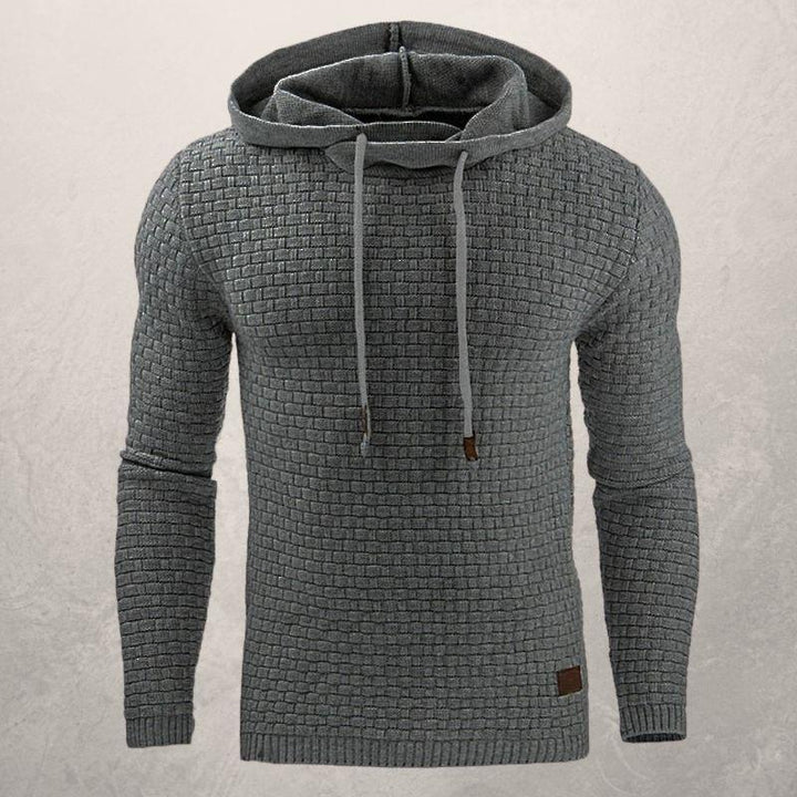 Men’s Knitted Sweater - Slim Fit - Textured Grid Pattern - Hooded with Drawstrings