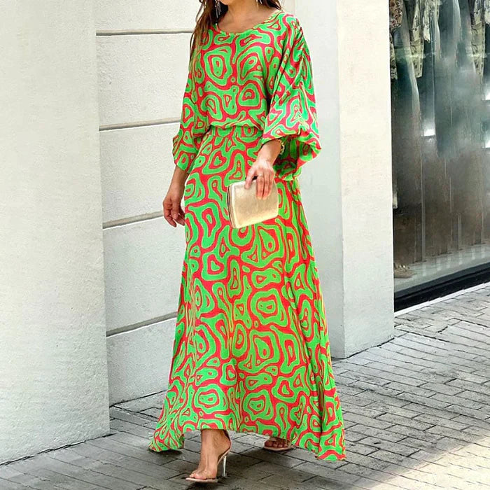 Women's Maxi Dress - Abstract Print - Relaxed Fit - Three-Quarter Sleeve - Flowy Elegant Style