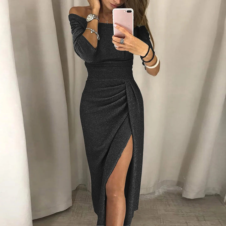 Women's Off-Shoulder Bodycon Dress - Glittery Metallic Finish - Three-Quarter Sleeves - High Slit