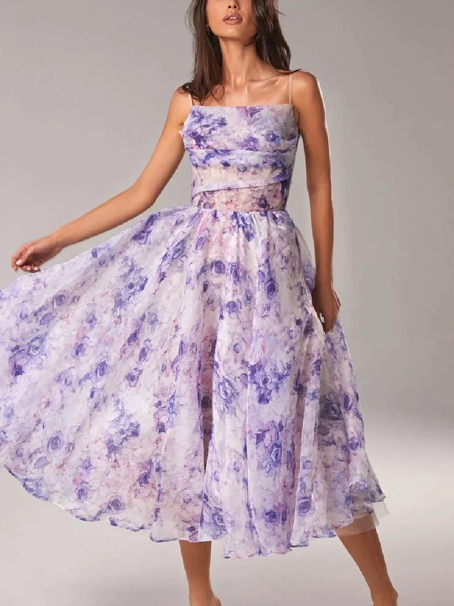 Women’s Midi Dress – A-Line Fit – Spaghetti Straps – Lightweight Floral Fabric