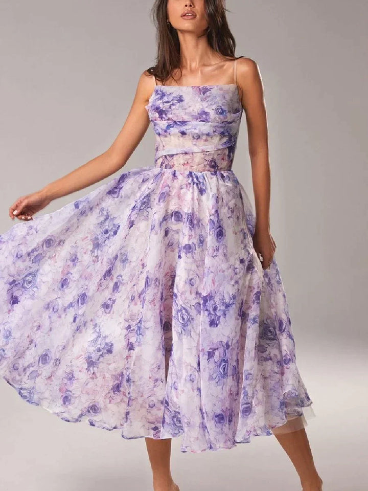 Women’s Midi Dress – A-Line Fit – Spaghetti Straps – Lightweight Floral Fabric