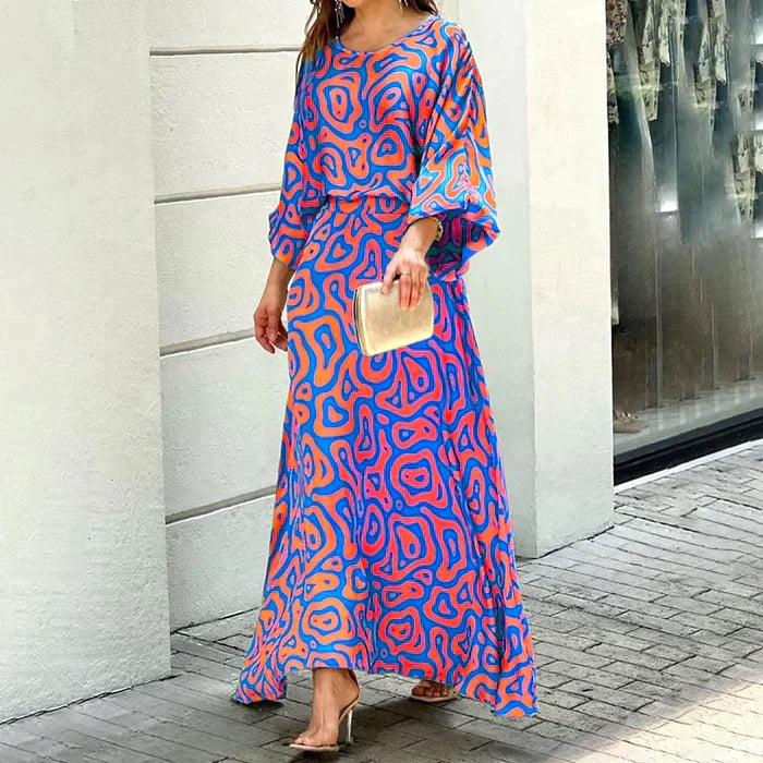Women's Maxi Dress - Abstract Print - Relaxed Fit - Three-Quarter Sleeve - Flowy Elegant Style
