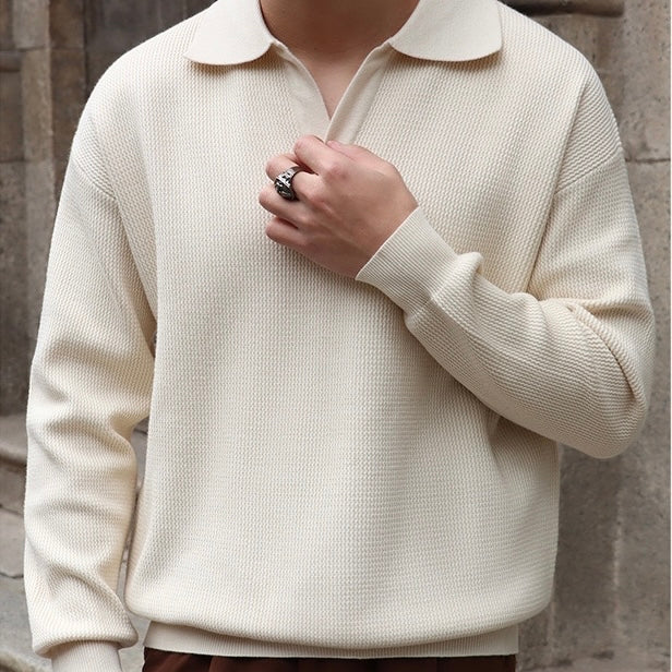 Men’s Knit Pullover Top – Relaxed Fit – Waffle Texture – Buttonless V-Collar – Long Sleeve