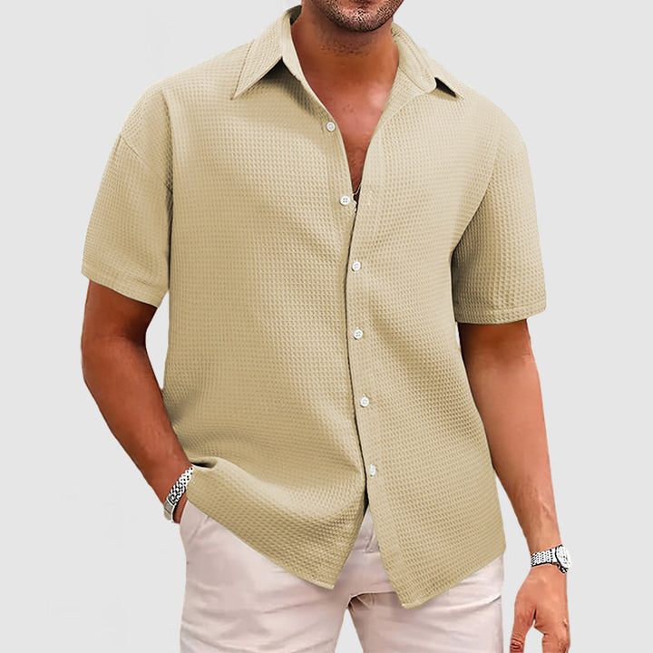 Men’s Short Sleeve Shirt - Relaxed Fit - Soft Waffle Knit - Button-Up Casual Style