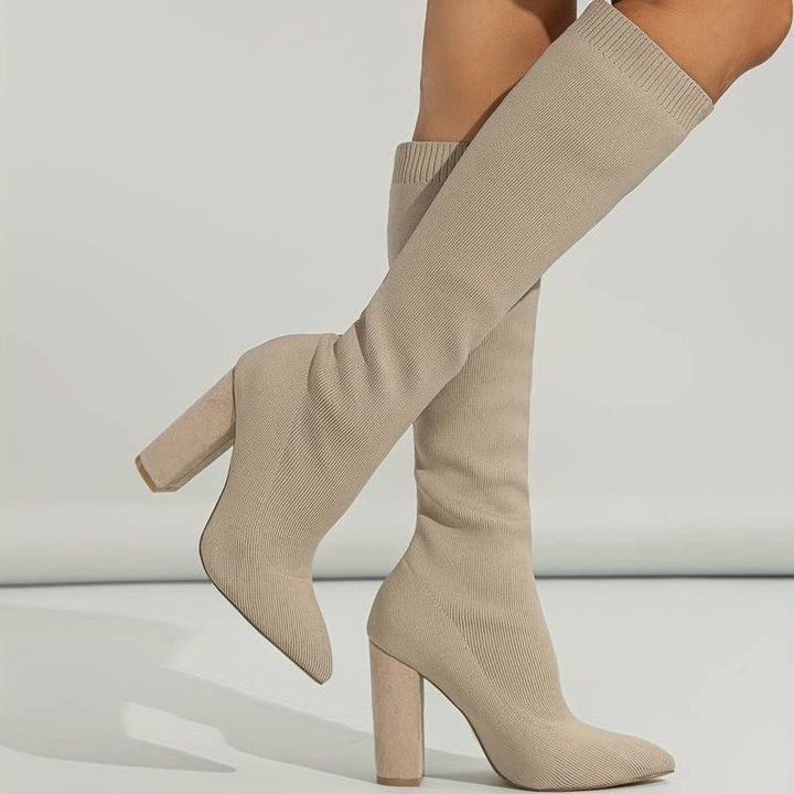 Women’s Knee-High Sock Boots – Slim Fit – Stretch Knit – Pointed Toe – Block Heel