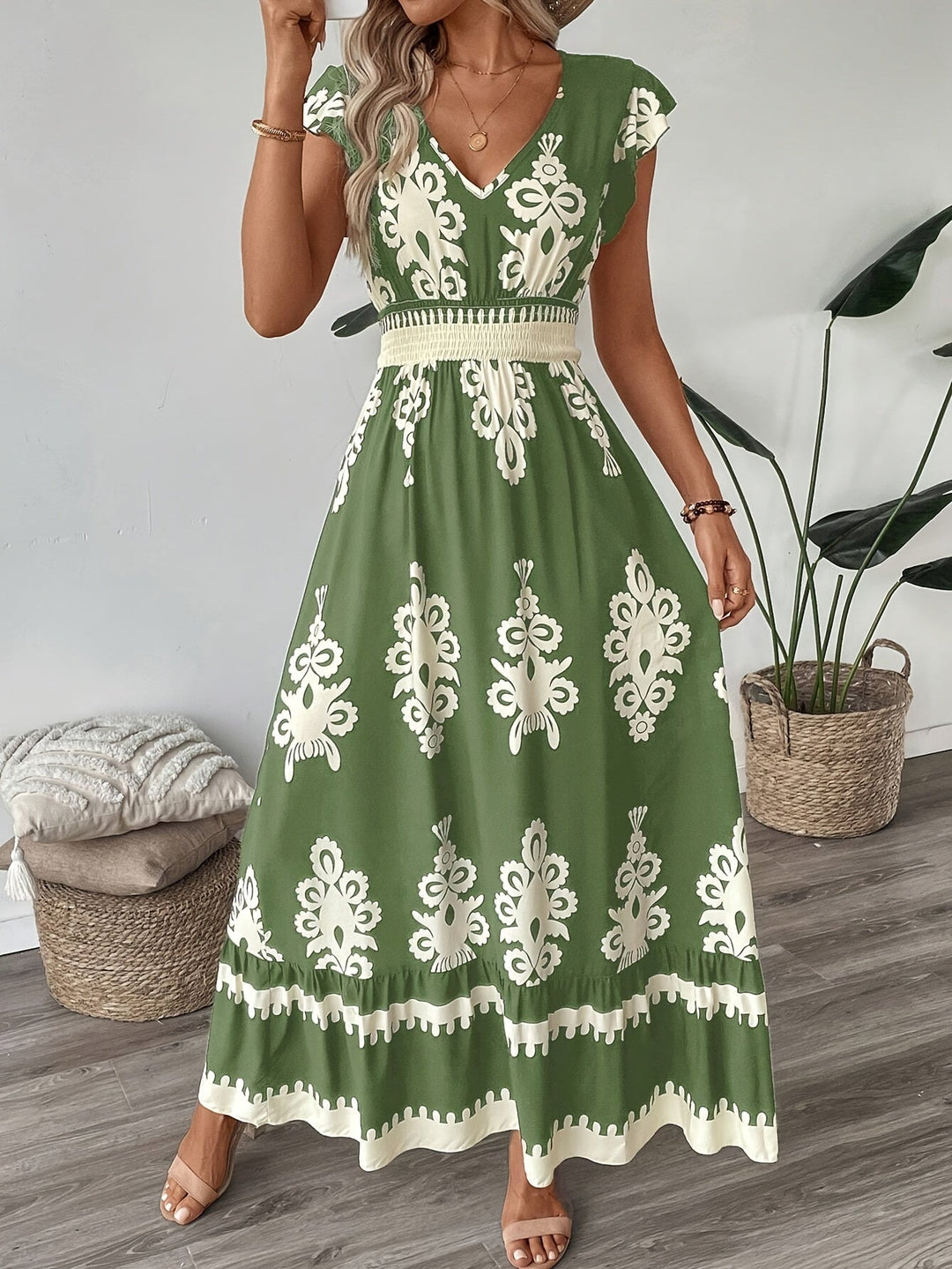 Women's Maxi Dress - V-Neck - Cap Sleeve - Smocked Waist - Flowing Elegant Fit