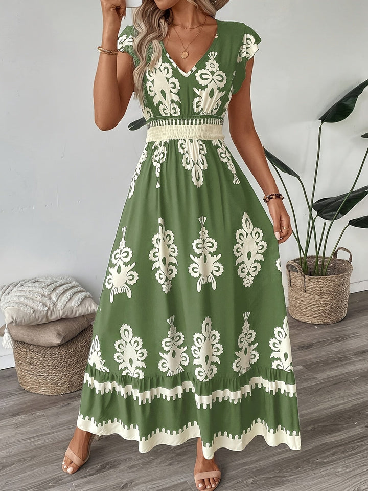 Women's Maxi Dress - V-Neck - Cap Sleeve - Smocked Waist - Flowing Elegant Fit