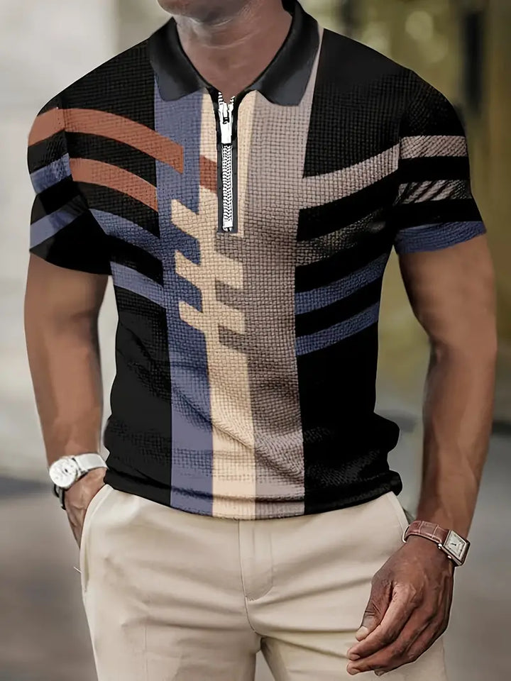 Men’s Polo Shirt - Zipper Closure - Geometric Pattern - Fitted Stylish Design