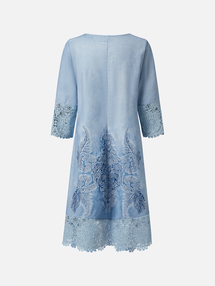 Women's A-Line Dress - V-Neck Button Front - 3/4 Sleeves Lace Detail - Embroidered Hem