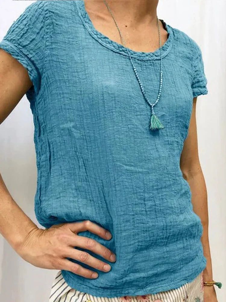 Women’s Casual Tee – Relaxed Fit – Crinkled Texture – Short Sleeve Breathable Blend